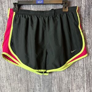 Nike Women's Black and Pink Athletic Shorts with Yellow Trim